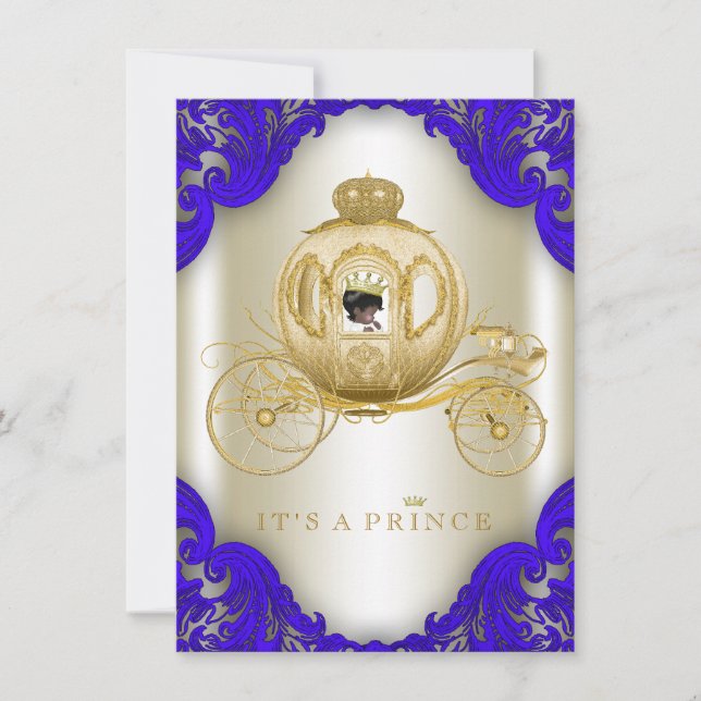 Royal Blue and Gold Carriage Prince Baby Dusche Einladung (Vorderseite)