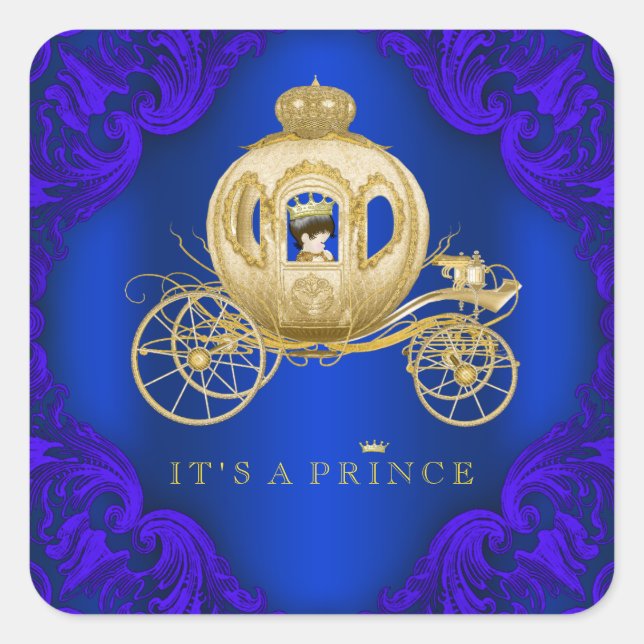 Royal Blue and Gold Carriage Prince Baby Dusche Quadratischer Aufkleber (Vorderseite)