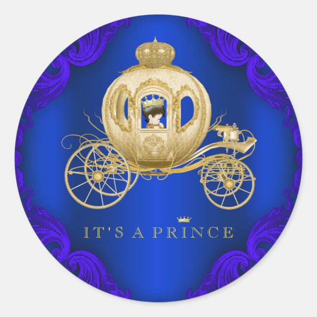 Royal Blue and Gold Carriage Prince Baby Dusche Runder Aufkleber (Vorderseite)