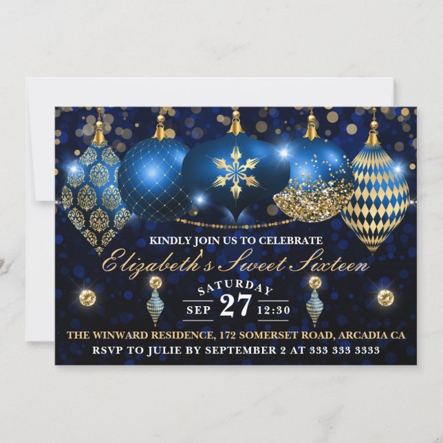 Royal Blue and Gold Christmas Baubles Sweet 16 Einladung (Vorderseite)