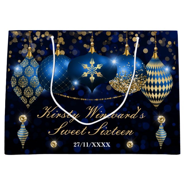 Royal Blue and Gold Christmas Baubles Sweet 16 Große Geschenktüte (Vorderseite)