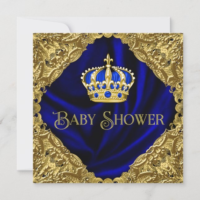 Royal Blue and Gold Crown Baby Dusche Einladung (Vorderseite)