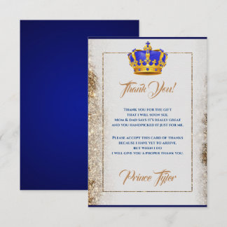 Royal Blue and Gold Crown Prince Baby Dusche Dankeskarte