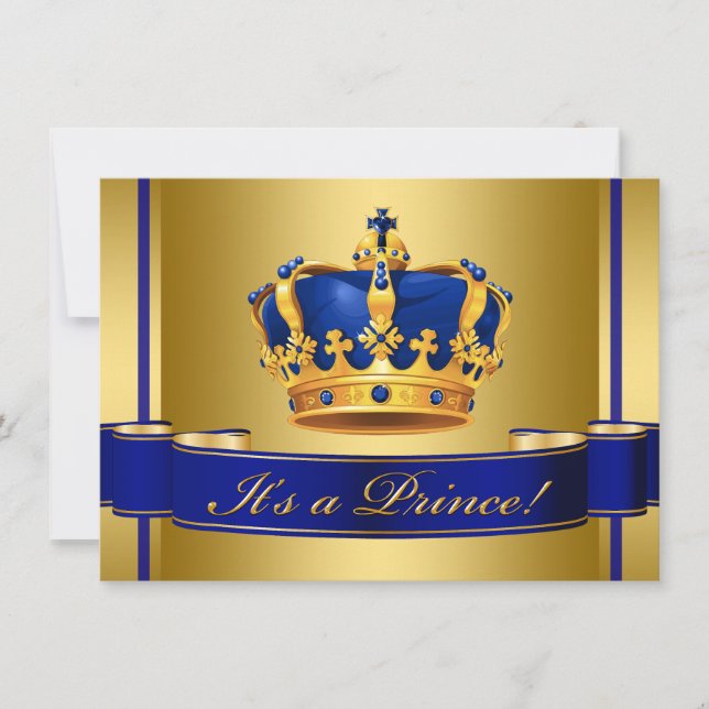 Royal Blue and Gold Crown Prince Baby Dusche Einladung (Vorderseite)
