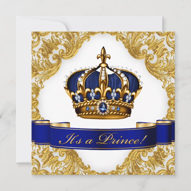 Royal Blue and Gold Crown Prince Baby Dusche Einladung (Vorderseite)