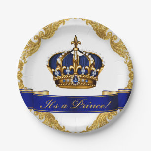 Royal Blue and Gold Crown Prince Baby Dusche Pappteller