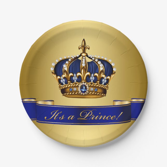 Royal Blue and Gold Crown Prince Baby Dusche Pappteller (Vorderseite)