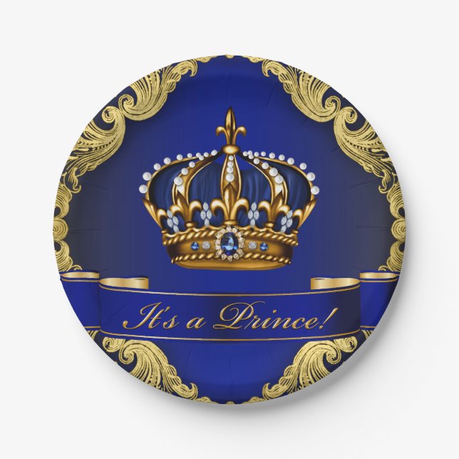 Royal Blue and Gold Crown Prince Baby Dusche Pappteller (Vorderseite)