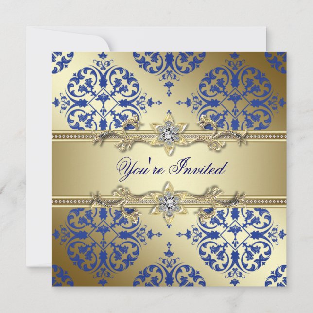 Royal Blue and Gold Damask Party Einladungen (Vorderseite)