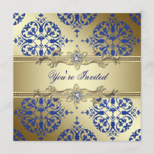Royal Blue and Gold Damask Party Einladungen