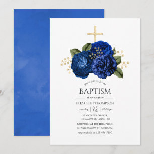 Royal Blue and Gold Floral Baptisse Einladung