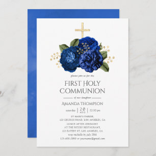 Royal Blue and Gold Floral First Holy Communion Einladung