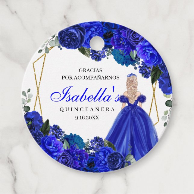 Royal Blue and Gold Floral Quinceanera Circle Favo Geschenkanhänger (Vorderseite)