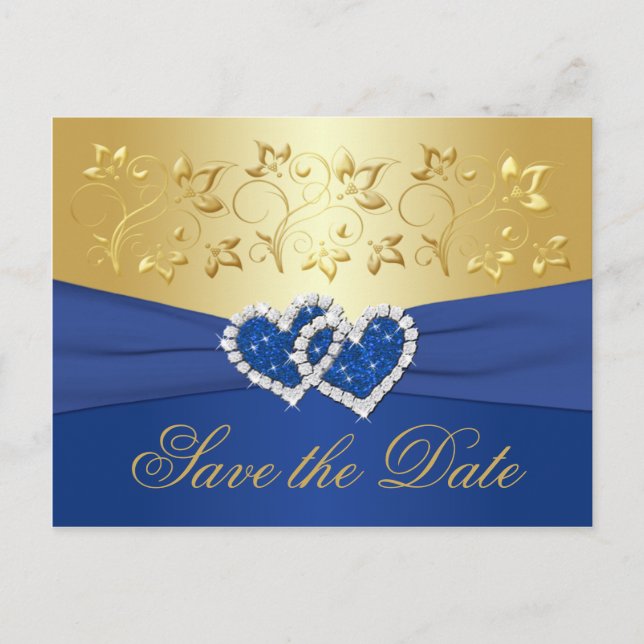 Royal Blue and Gold Floral Save the Date Card Ankündigungspostkarte (Vorderseite)