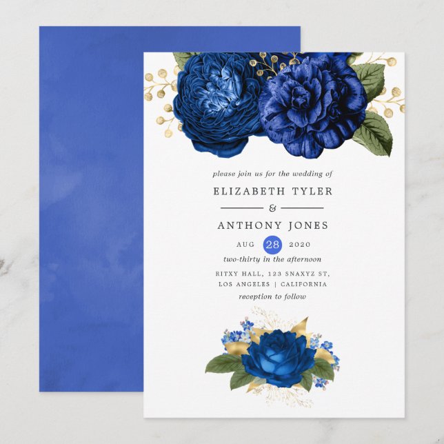 Royal Blue and Gold Floral Wedding Einladung (Vorne/Hinten)