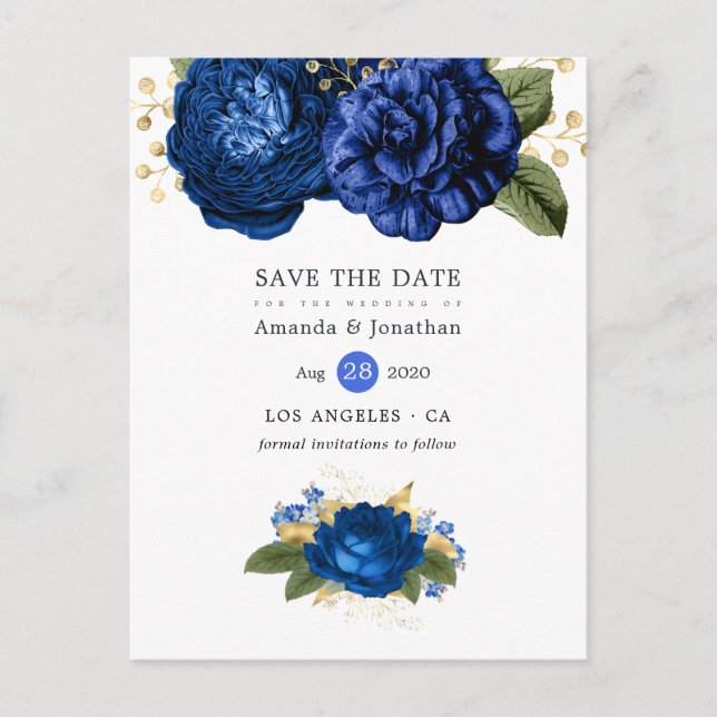 Royal Blue and Gold Floral Wedding Save the Date Ankündigungspostkarte (Vorderseite)