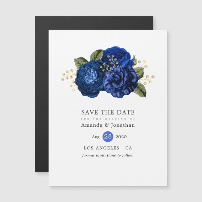 Royal Blue and Gold Floral Wedding Save the Date Magneteinladung (Vorne/Hinten)