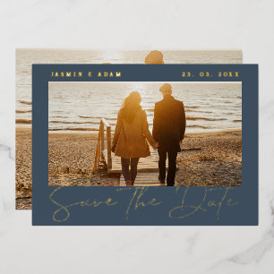 Royal Blue and Gold Foto Wedding Save the Date Folieneinladung