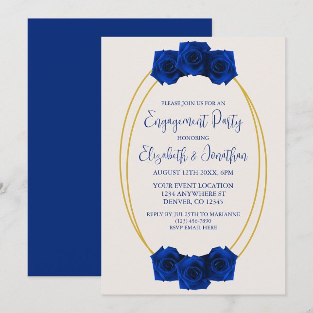 Royal Blue and Gold Geometric Engagement Party Einladung (Vorne/Hinten)