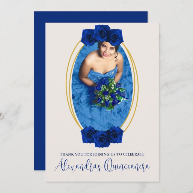 Royal Blue and Gold Geometric Quinceañera Dankeskarte (Vorne/Hinten)
