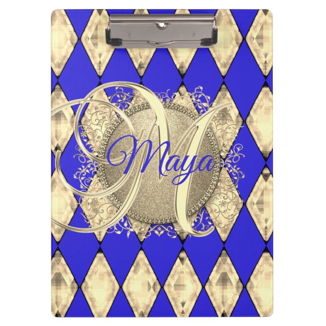 Royal Blue and Gold Glam Monogram Klemmbrett (Vorderseite)