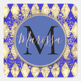 Royal Blue and Gold Glam Monogram Quadratischer Aufkleber
