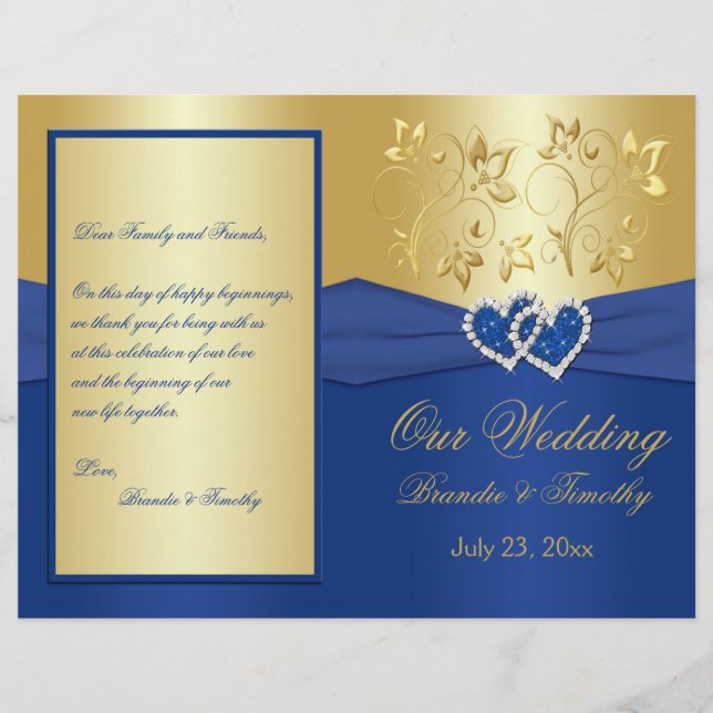 Royal Blue and Gold Joined Hearts Wedding Program (Vorderseite)