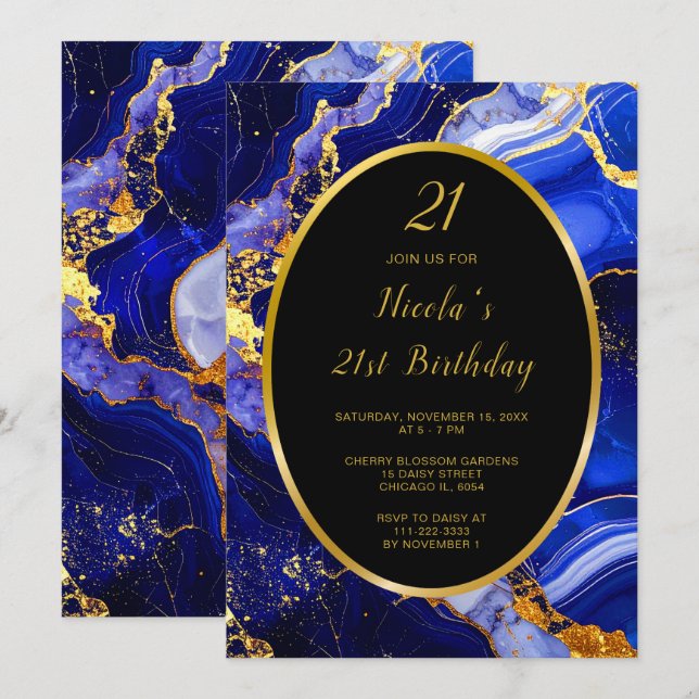 Royal Blue and Gold Marble Agate Birthday Party Einladung (Vorne/Hinten)