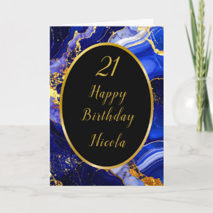 Royal Blue and Gold Marble Agate Birthday Party Karte