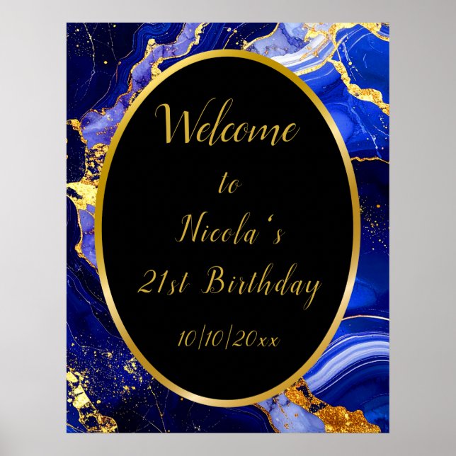 Royal Blue and Gold Marble Agate Birthday Party Poster (Vorne)