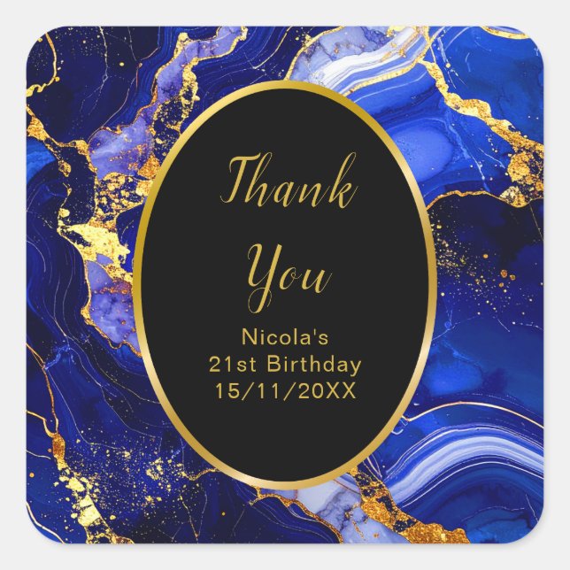 Royal Blue and Gold Marble Agate Birthday Party Quadratischer Aufkleber