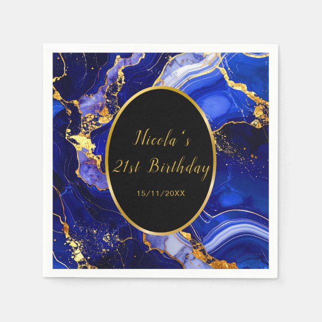 Royal Blue and Gold Marble Agate Birthday Party Serviette (Vorderseite)