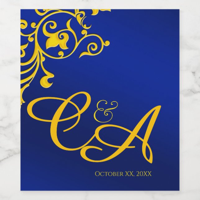Royal Blue and Gold Mit Monogramm Wedding Weinetikett (Einzelnes Label)