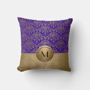 Royal Blue and Gold Monogram Damask Kissen