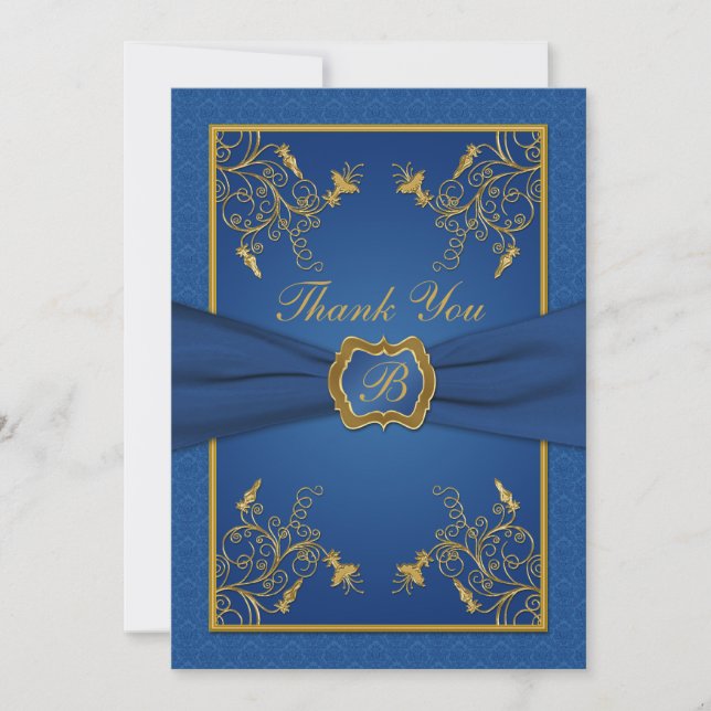 Royal Blue and Gold Monogram Dankeschön Card Dankeskarte (Vorderseite)