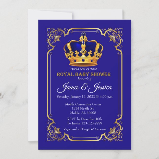 Royal Blue and Gold Prince Baby Dusche Einladung (Vorderseite)