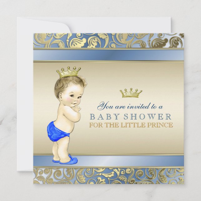 Royal Blue and Gold Prince Baby Dusche Einladung (Vorderseite)