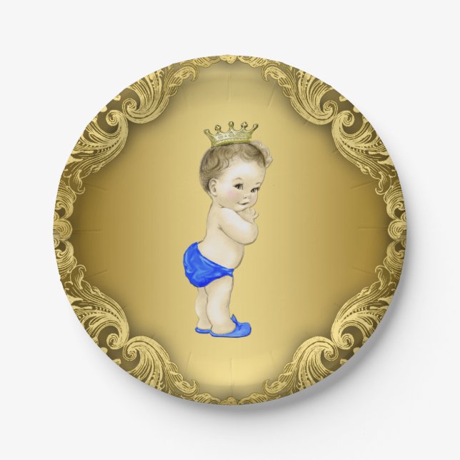 Royal Blue and Gold Prince Baby Dusche Pappteller (Vorderseite)