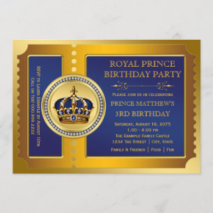 Royal Blue and Gold Prince Birthday Party Einladung