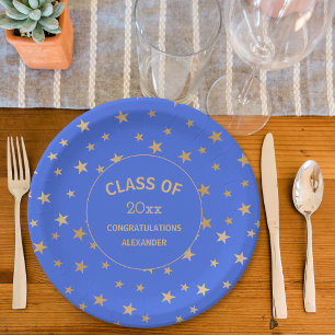 Royal Blue and Gold Stars Graduierungsparty Pappteller