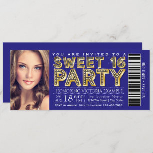Royal Blue and Gold Sweet 16 Ticket Einladung