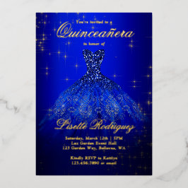 Royal Blue and Gold Themed Quinceanera Real Folieneinladung