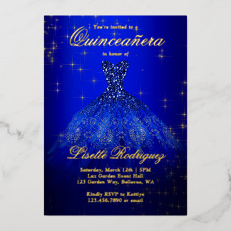 Royal Blue and Gold Themed Quinceanera Real Folieneinladung