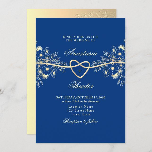 Royal Blue and Gold Wedding Einladung (Vorne/Hinten)