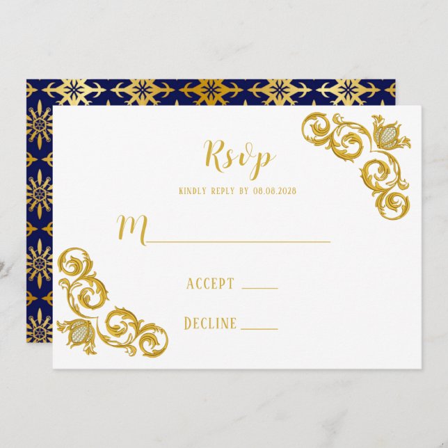Royal Blue and Gold Wedding RSVP Cards Einladung (Vorne/Hinten)