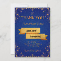Royal Blue and Gold Wedding Thank You Card
