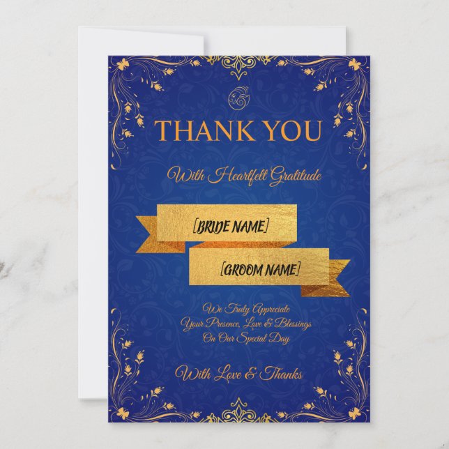 Royal Blue and Gold Wedding Thank You Card Dankeskarte (Vorderseite)