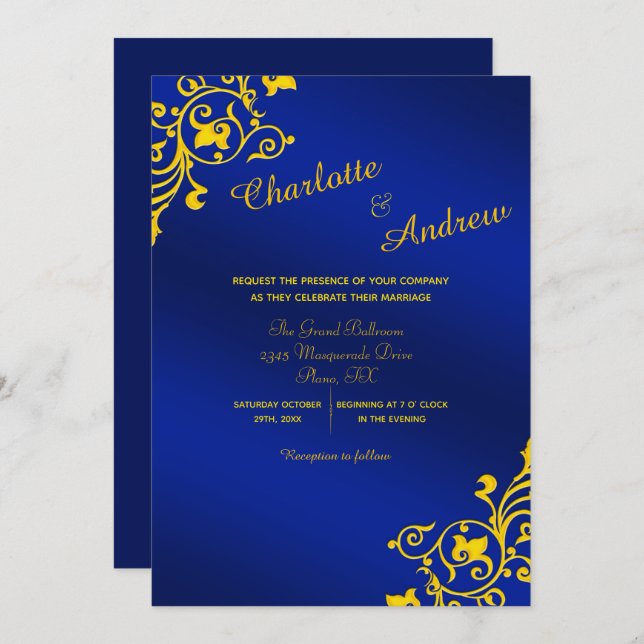 Royal Blue and Golden Yellow Floral Wedding Einladung (Vorne/Hinten)