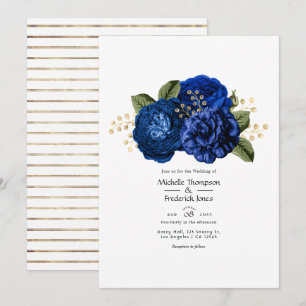 Royal Blue and Imitate Foil Gold Floral Wedding Einladung