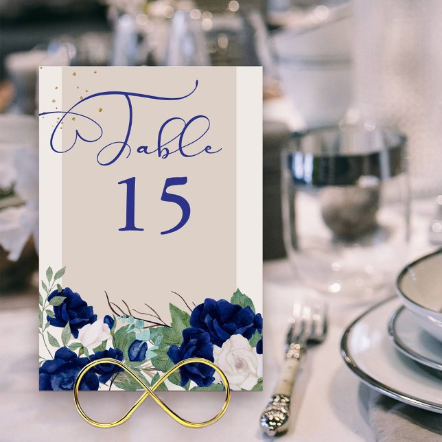 Royal Blue and Ivory Rose Elegante Tischnummer (Table Number Card with elegant calligraphy and border of royal navy blue and ivory roses)